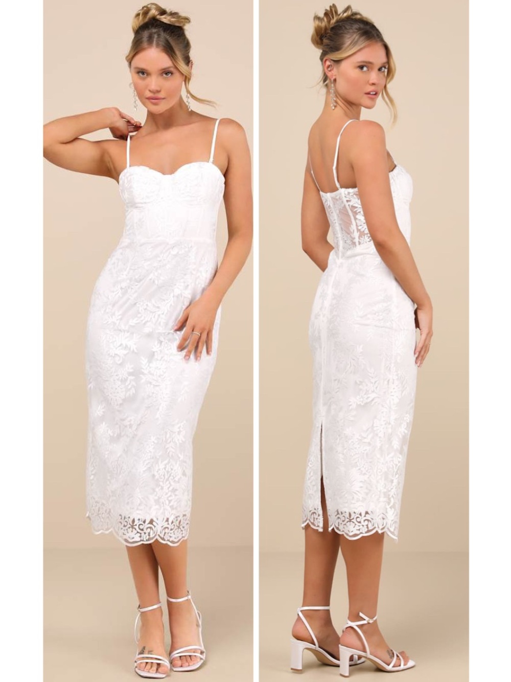 Lulus Brittley White Embroidered Bustier Midi Dress Size XS Sleeveless Bridal